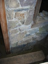 Restored N masonry pier, kitchen cellar doorway, before repointing (2009)