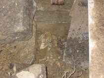 Detail view, DeTurk S door jamb at kitchen entry during restoration (2009)