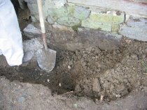 Excavated DeTurk foundation north of ground level kitchen doorway (2009)