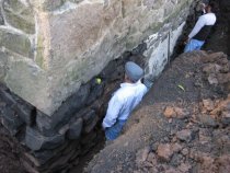 [#1238, 10/11/10]: E range of N gable foundation, prepping for dep-pointing