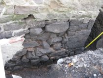 [#1241, 10/11/10]: W portion of N gable wall, prepared for deep-pointing