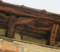 #11, photo 4140: Coved joist-ends with nail holes for cornice-plaster lath