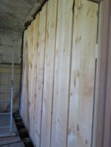 #9: Restored kitchen-store partition planking, aligned for plaster lath