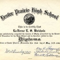 Lester Prairie HS diploma-LaVerna Birkholz, 1946
