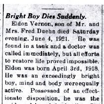 Eldon Vernon Duehn (1918-1921); obituary Brownton Bulletin 6-9-1921