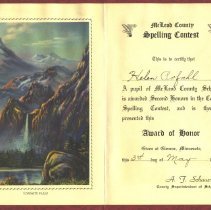 Spelling contest certificate for Helen Pofahl