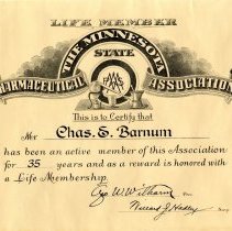 Charles Barnum membership certificate