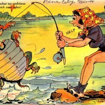Lady catching a turtle instead of a fish