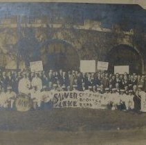 Large group of delegates standing outside the Hippodrome