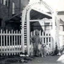 Jackie Horejsi & dog outside Beer Garden, Jack's Cafe, Silver Lake, MN
