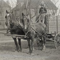 Unidentified man on wagon pulled by horses