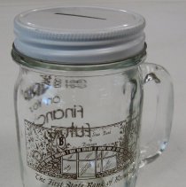 Novelty clear glass jar mug with coin slot in cover