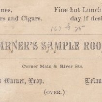 Warner's Sample Rooms trade card