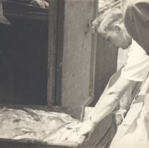 Hank Steffens Jr Pulls a Box of fish off of a Tug