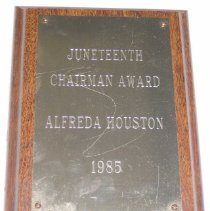 Plaque awarded to Alfreda Houston