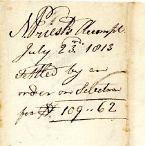 Town Records:  N. Priest's Account, July 23,1813, settled by an order on Se