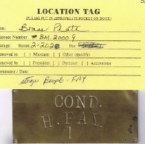 Brass plate with embossing: "COND. / H. FAY. / 1"; 1-3/4" x 4";