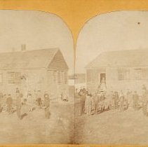 Stereoview of school house and students