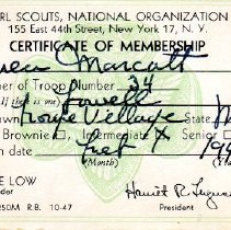 Girl Scout Membership Card belonging to Aurea Marcotte