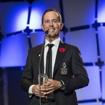 Inductee Mike Weir standing onstage during 2017 ceremony