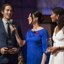 2017 Tom Longboat Award winners and MC Tara Sloane onstage
