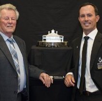 Mike Weir and father Richard posing with Masters Tournament trophy