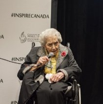 Inductee Kay Macritchie Macbeth speaking at the induction media conference