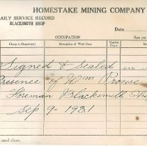 Homestake Blacksmith Shop Daily Service Record
