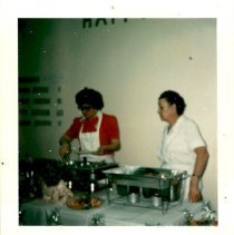 Serving line with Betty Fry, Lela Abraham.