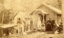 Staff in front of laundry building, Camp Stott, Raquette Lake