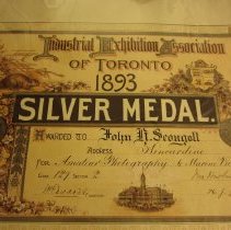 Industrial Exhibition Association of Toronto silver medal certificate