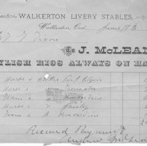 Walkerton Livery Stables receipt, 1888, sample from A2010.099.1223
