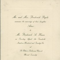 Wedding invitation for Alma Pegelo and Frederick Haase, sample item
