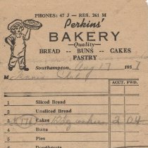 Perkins' Bakery receipt 1957