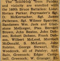 Feb. 9, 1916 newspaper clipping re: Paisley enlistments with 160th Battalio