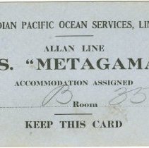 S.S. Metagama accommodation card, front