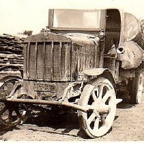 Donnelly sawmill logging truck, front view, about 1920