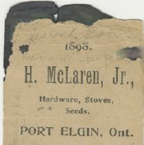 H. McLaren, Jr., Hardware store 1898 bookmark