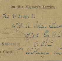 A2018.025.013d - War office communication card, front