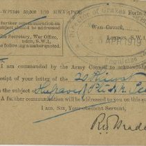 A2018.025.013d - War office communication card, back