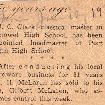 Newspaper clipping, sale of hardware store