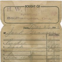 H.W. Harmer, furniture, Southampton, Ont. receipt
