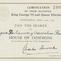 Empire Parliamentary Association Room admittance card