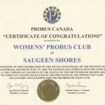 Women's Probus Club of Saugeen Shores certificate of congratulations