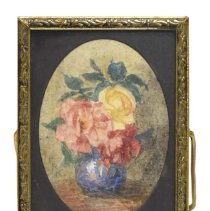 Untitled [Pink and yellow flowers in blue vase]