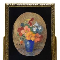 Untitled [Multi-colour flower bouquet in royal blue vase]