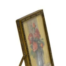 Untitled [Pink flower bouquet in silver vase]