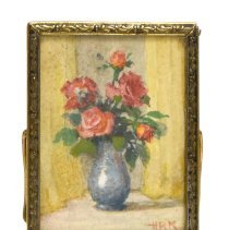 Untitled [Pink flower bouquet in silver vase]