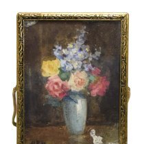 Untitled [Pink, yelllow and blue flower bouquet in light blue vase]