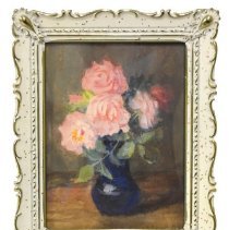 Untitled [Pink flower bouquet in dark blue vase]